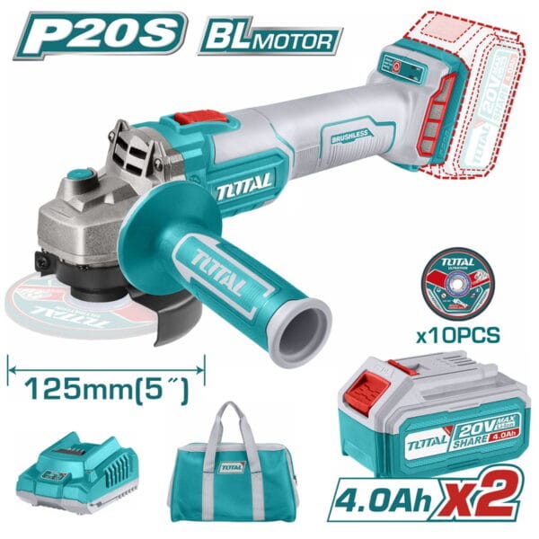TOTAL ΕΠΑΓΓ. ΣΕΤ ΓΩΝΙΑΚΟΣ ΛΕΙΑΝΤΗΡΑΣ 125mm ΜΠΑΤ. Li-ion 20V / 4Ah / 2 ΜΠΑΤ (TAGLI2012582) - Image 1