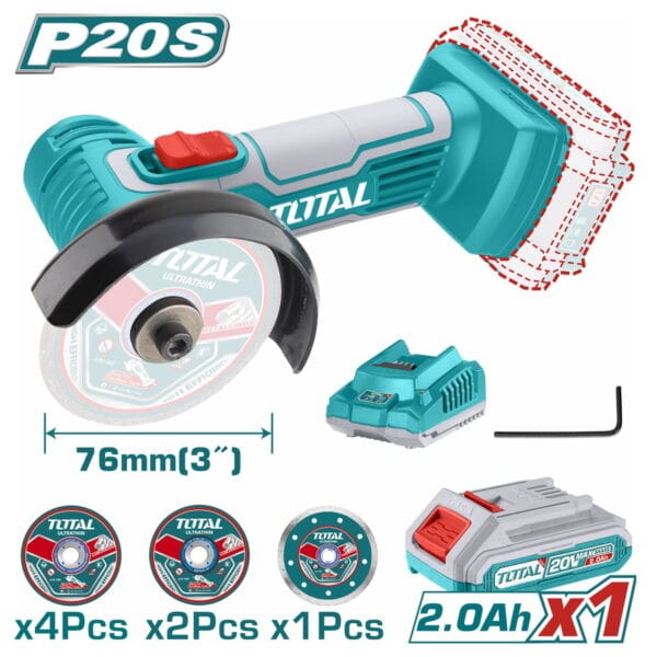 TOTAL ΕΠΑΓΓΕΛΜΑΤΙΚΟΣ MINI ΓΩΝΙΑΚΟΣ ΤΡΟΧΟΣ ΜΠΑΤ. Li-ion 20V / 2Ah / 1 ΜΠΑΤΑΡΙΑ (TAGLI76017) - Image 1