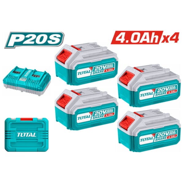 TOTAL ΕΠΑΓΓ. ΣΕΤ 4τεμ ΜΠΑΤΑΡΙΕΣ TFBLI2002 Li-ion 20V / 4Ah + 1τεμ ΔΙΠΛΟΣ ΦΟΡΤΙΣΤΗΣ TFCLI2034E (TFBCLI20244) - Image 1