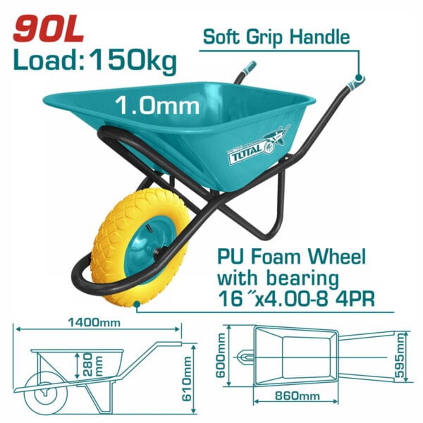 TOTAL ΕΠΑΓΓΕΛΜΑΤΙΚΟ ΚΑΡΟΤΣΙ ΕΡΓΟΛΑΒΙΚΟ 90Lit / 150Kg ΜΕ ΡΟΔΑ ΣΥΜΠΑΓΗ ΠΟΛΥΟΥΡΕΘΑΝΗΣ (THTWB64018GPU) - Image 1