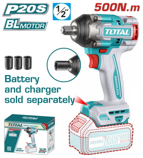TOTAL ΕΠΑΓΓ. ΜΠΟΥΛΟΝΟΚΛΕΙΔΟ ΜΠΑΤ. Li-ion 20V / 500Nm ΧΩΡΙΣ ΜΠΑΤΑΡΙΑ & ΦΟΡΤΙΣΤΗ (TIWLI20501) - Image 1
