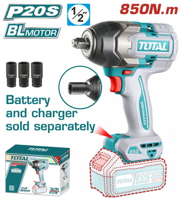 TOTAL ΕΠΑΓΓ. ΜΠΟΥΛΟΝΟΚΛΕΙΔΟ ΜΠΑΤ. Li-ion 20V / 850Nm ΧΩΡΙΣ ΜΠΑΤΑΡΙΑ & ΦΟΡΤΙΣΤΗ (TIWLI20851) - Image 1