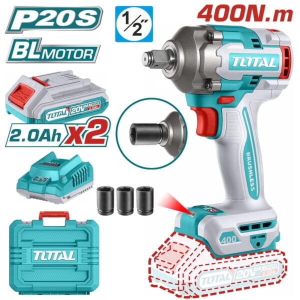 TOTAL ΕΠΑΓΓ. ΜΠΟΥΛΟΝΟΚΛΕΙΔΟ ΜΠΑΤ. Li-ion 20V / 2Ah / 400Nm / 2 ΜΠΑΤΑΡΙΕΣ (TIWLI2040E) - Image 1