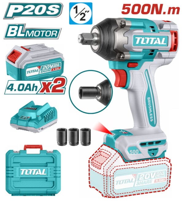 TOTAL ΕΠΑΓΓ. ΜΠΟΥΛΟΝΟΚΛΕΙΔΟ ΜΠΑΤ. Li-ion 20V / 4Ah / 500Nm / 2 ΜΠΑΤΑΡΙΕΣ (TIWLI2050) - Image 1