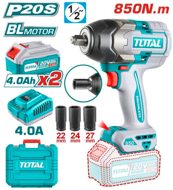 TOTAL ΕΠΑΓΓ. ΜΠΟΥΛΟΝΟΚΛΕΙΔΟ ΜΠΑΤ. Li-ion 20V / 4Ah / 850Nm / 2 ΜΠΑΤΑΡΙΕΣ (TIWLI2085) - Image 1