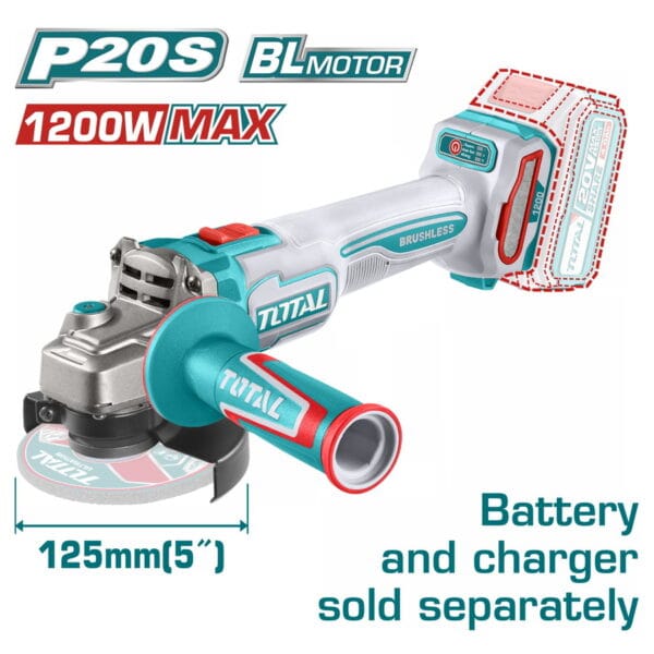 TOTAL ΕΠΑΓΓ. ΓΩΝΙΑΚΟΣ ΤΡΟΧΟΣ ΜΠΑΤ. Li-ion 20V / 125mm ΧΩΡΙΣ ΜΠΑΤΑΡΙΑ & ΦΟΡΤΙΣΤΗ (TAGLI221253) - Image 1