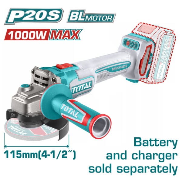 TOTAL ΕΠΑΓΓ. ΓΩΝΙΑΚΟΣ ΤΡΟΧΟΣ ΜΠΑΤ. Li-ion 20V / 115mm ΧΩΡΙΣ ΜΠΑΤΑΡΙΑ & ΦΟΡΤΙΣΤΗ (TAGLI27153) - Image 1