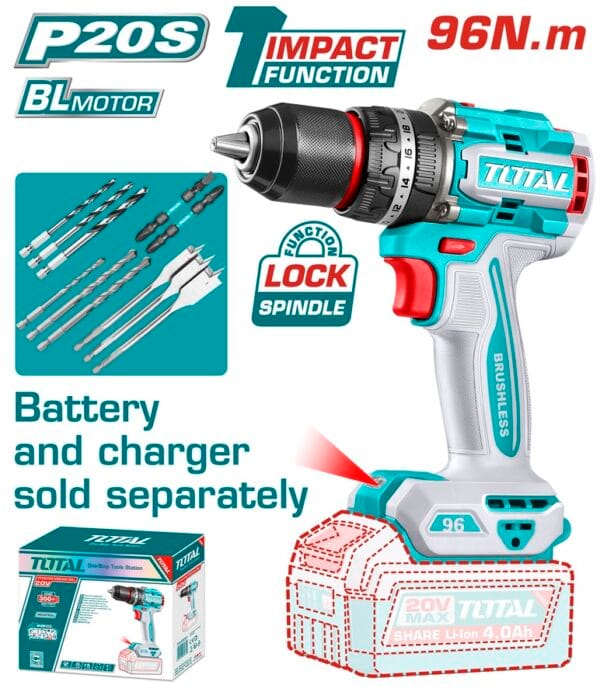 TOTAL ΕΠΑΓΓ. ΔΡΑΠ/ΒΙΔΟ ΚΡΟΥΣΤΙΚΟ ΜΠΑΤ. Li-ion 20V/96Nm BL Motor ΧΩΡΙΣ ΜΠΑΤ & ΦΟΡΤΙΣΤΗ (TIDLI209681) - Image 1