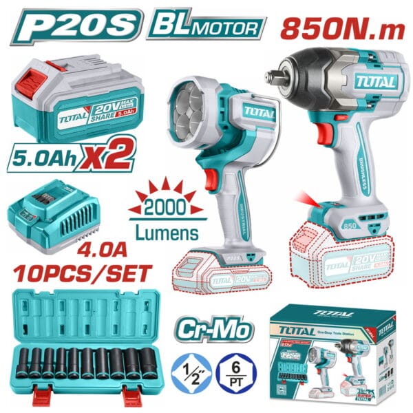 TOTAL ΕΠΑΓΓ. ΣΕΤ ΜΠΟΥΛΟΝΟΚΛΕΙΔΟ 850Nm + ΠΡΟΒΟΛΕΑΣ ΜΠΑΤ Li-ion 20V (TOSLI241181E) - Image 1