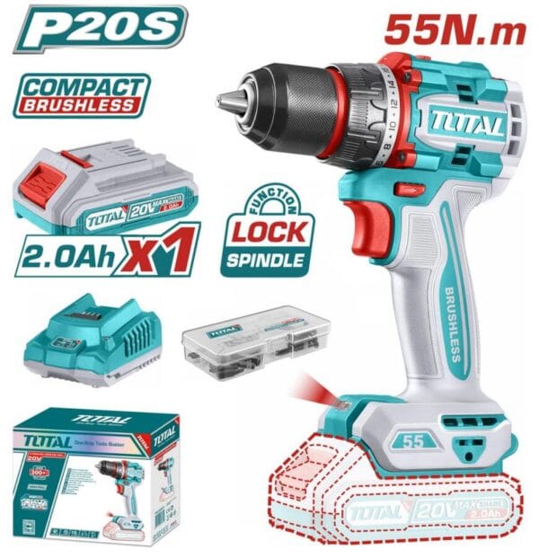 TOTAL ΕΠΑΓΓ. ΔΡΑΠ/ΒΙΔΟ ΜΠΑΤ. Li-ion 20V / 2Ah / 55Nm / 2 ΜΠΑΤ BL Motor (TDLI205582E) - Image 1