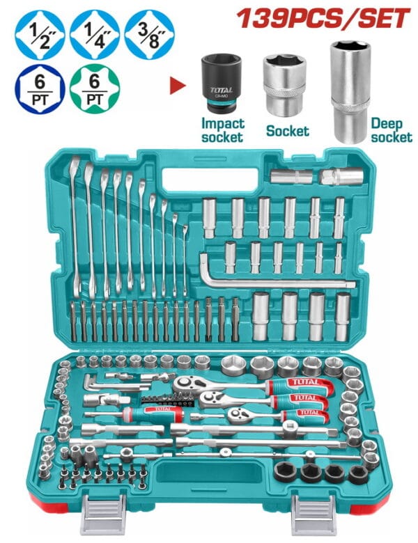 TOTAL ΕΠΑΓΓ. ΚΑΣΕΤΙΝΑ ΚΑΡΥΔΑΚΙΑ 1/4"-3/8"-1/2" & ΕΡΓΑΛΕΙΑ ΧΕΙΡΟΣ 139ΤΕΜ (THKTHP21396) - Image 1