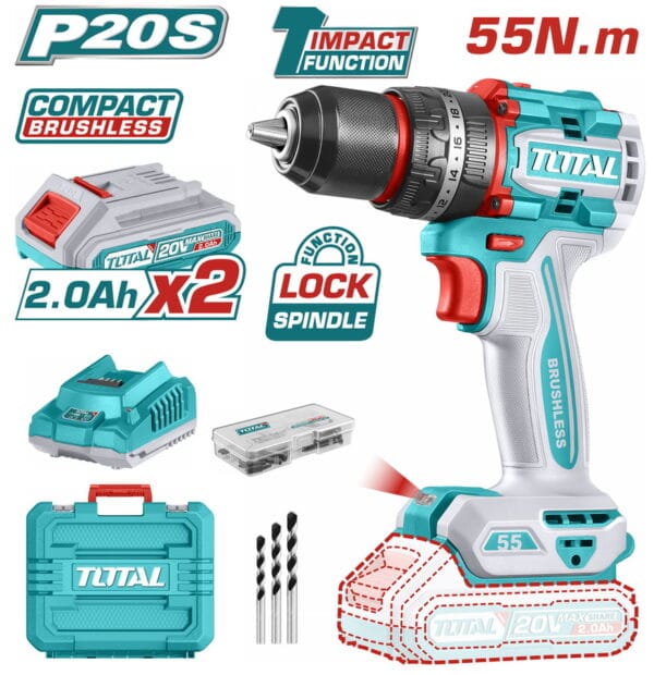 TOTAL ΕΠΑΓΓ. ΔΡΑΠ/ΒΙΔΟ ΚΡΟΥΣΤΙΚΟ ΜΠΑΤ. Li-ion 20V / 2Ah / 55Nm / 2 ΜΠΑΤ BL Motor (TIDLI20558E) - Image 1