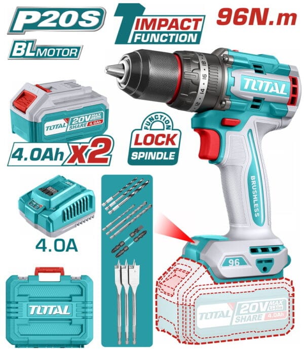 TOTAL ΕΠΑΓΓ. ΔΡΑΠ/ΒΙΔΟ ΚΡΟΥΣΤΙΚΟ ΜΠΑΤ. Li-ion 20V / 4Ah / 96Nm / 2 ΜΠΑΤ BL Motor (TIDLI20968E) - Image 1