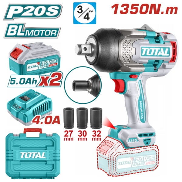 TOTAL ΕΠΑΓΓ. ΜΠΟΥΛΟΝΟΚΛΕΙΔΟ ΜΠΑΤ. Li-ion 20V / 1350Nm / 5Ah / 2 ΜΠΑΤ (TIWLI20135) - Image 1