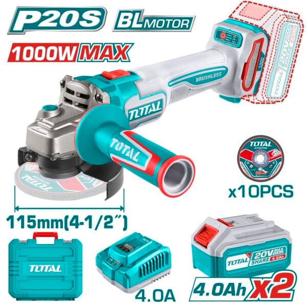 TOTAL ΕΠΑΓΓ. ΣΕΤ ΓΩΝΙΑΚΟΣ ΤΡΟΧΟΣ 125mm ΜΠΑΤ. Li-ion 20V / 4Ah / 2 ΜΠΑΤ (TAGLI271532E) - Image 1