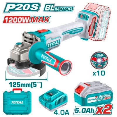 TOTAL ΕΠΑΓΓ. ΣΕΤ ΓΩΝΙΑΚΟΣ ΤΡΟΧΟΣ 125mm ΜΠΑΤ. Li-ion 20V / 5Ah / 2 ΜΠΑΤ (TAGLI2212532E)
