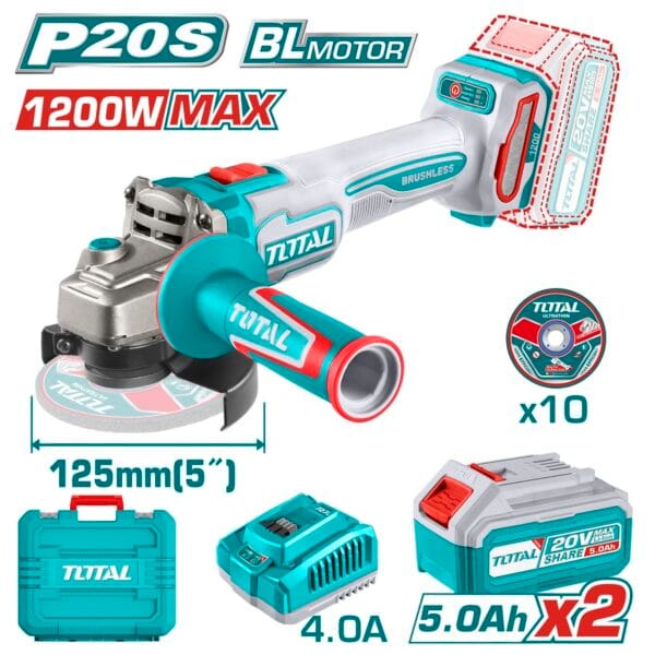 TOTAL ΕΠΑΓΓ. ΣΕΤ ΓΩΝΙΑΚΟΣ ΤΡΟΧΟΣ 125mm ΜΠΑΤ. Li-ion 20V / 5Ah / 2 ΜΠΑΤ (TAGLI2212532E) - Image 1