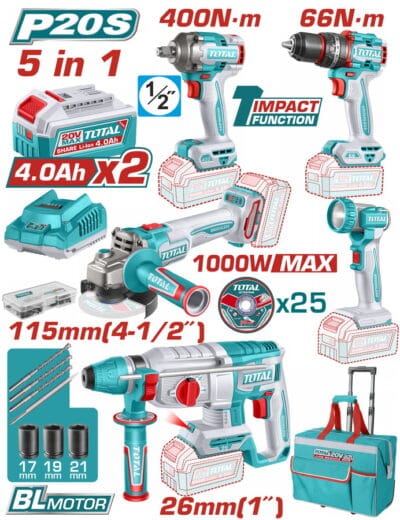 TOTAL ΕΠΑΓΓ. ΣΕΤ 5τεμ ΕΡΓΑΛΕΙΩΝ ΜΠΑΤ. Li-ion 20V / 4Ah / 2 ΜΠΑΤΑΡΙΕΣ (TCKLI20592E)