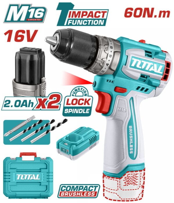 TOTAL ΕΠΑΓΓ. ΔΡΑΠ/ΒΙΔΟ ΚΡΟΥΣΤΙΚΟ ΜΠΑΤ. Li-ion 16V / 2Ah / 60Nm / 2 ΜΠΑΤ (TIDLI16682) - Image 1