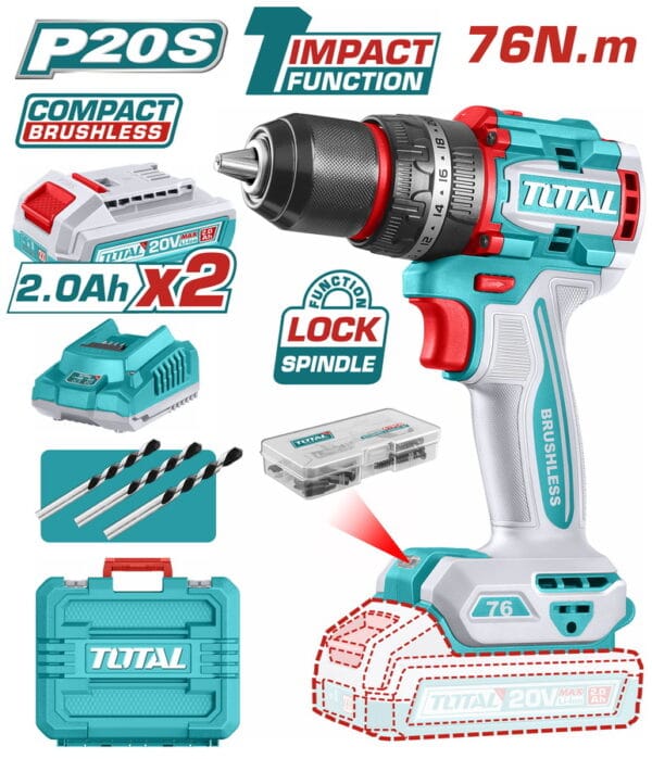 TOTAL ΕΠΑΓΓ. ΔΡΑΠ/ΒΙΔΟ ΚΡΟΥΣΤΙΚΟ ΜΠΑΤ. Li-ion 20V / 2Ah / 76Nm / 2 ΜΠΑΤ BL Motor (TIDLI20768E) - Image 1