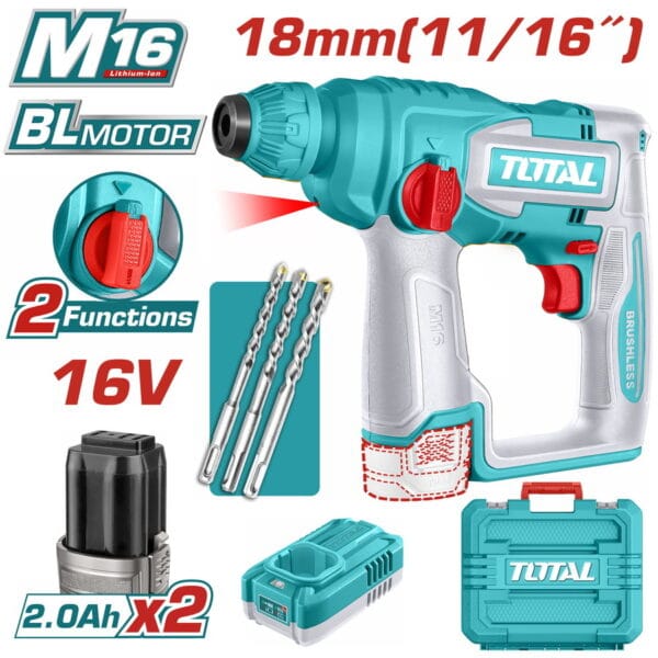TOTAL ΕΠΑΓΓ. ΠΝΕΥΜΑΤΙΚΟ ΠΙΣΤΟΛΕΤΟ SDS-PLUS ΜΠΑΤ. Li-ion 16V / 2Ah / 2 ΜΠΑΤ (TRHLI16168) - Image 1