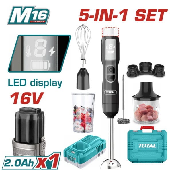 TOTAL ΣΕΤ ΜΠΛΕΝΤΕΡ ΧΕΙΡΟΣ 5 σε 1 ΜΠΑΤ.  Li-ion 16V / 2Ah / 1 ΜΠΑΤ (TJB056K) - Image 1