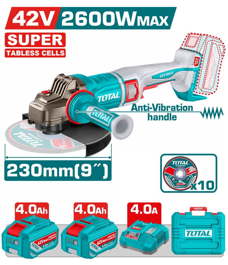 TAGLI4260182 TOTAL ΕΠΑΓΓ. ΣΕΤ ΓΩΝΙΑΚΟΣ ΤΡΟΧΟΣ 230mm ΜΠΑΤ. Li-ion 42V / 4Ah / 2 ΜΠΑΤ BL Motor TABLESS CELLS (TAGLI4260182) - Image 1