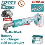TOTAL ΕΠΑΓΓ. ΠΑΛΜΙΚΟ ΓΩΝΙΑΚΟ ΚΑΤΣΑΒΙΔΙ 1/4"/ 80Nm HEX ΜΠΑΤ Li-ion 20V SOLO BL Motor (TAIRLI2081)