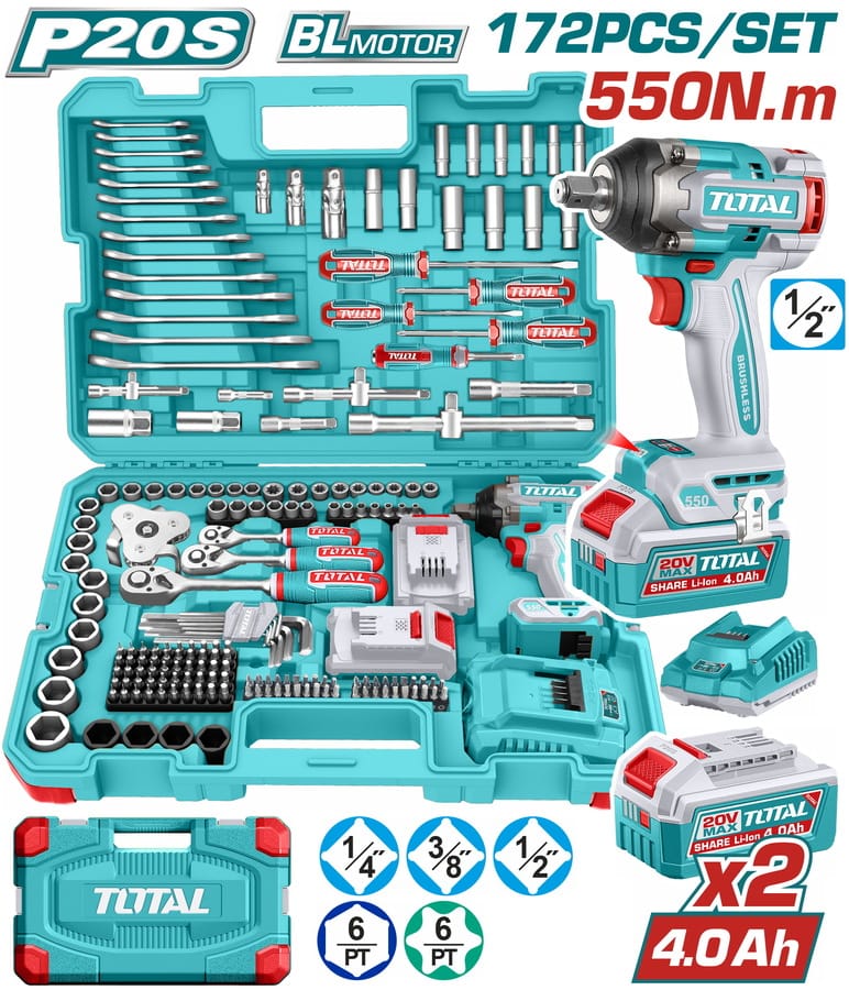 THKTHP41728E TOTAL ΕΠΑΓΓ. ΣΕΤ ΜΠΟΥΛΟΝΟΚΛΕΙΔΟ ΜΠΑΤ. Li-ion 20V / 550Nm / 4Ah / 2 ΜΠΑΤ 172ΤΕΜ (THKTHP41728E) - Image 1
